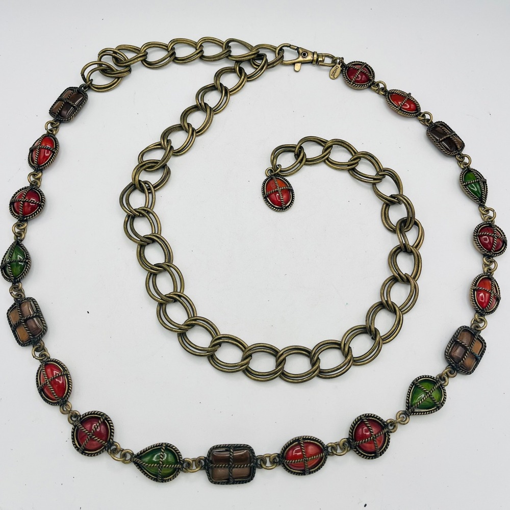 Chicos Antique Gold Tone Cabochon Chain Belt Red Green Amber Adjustable 52.5in